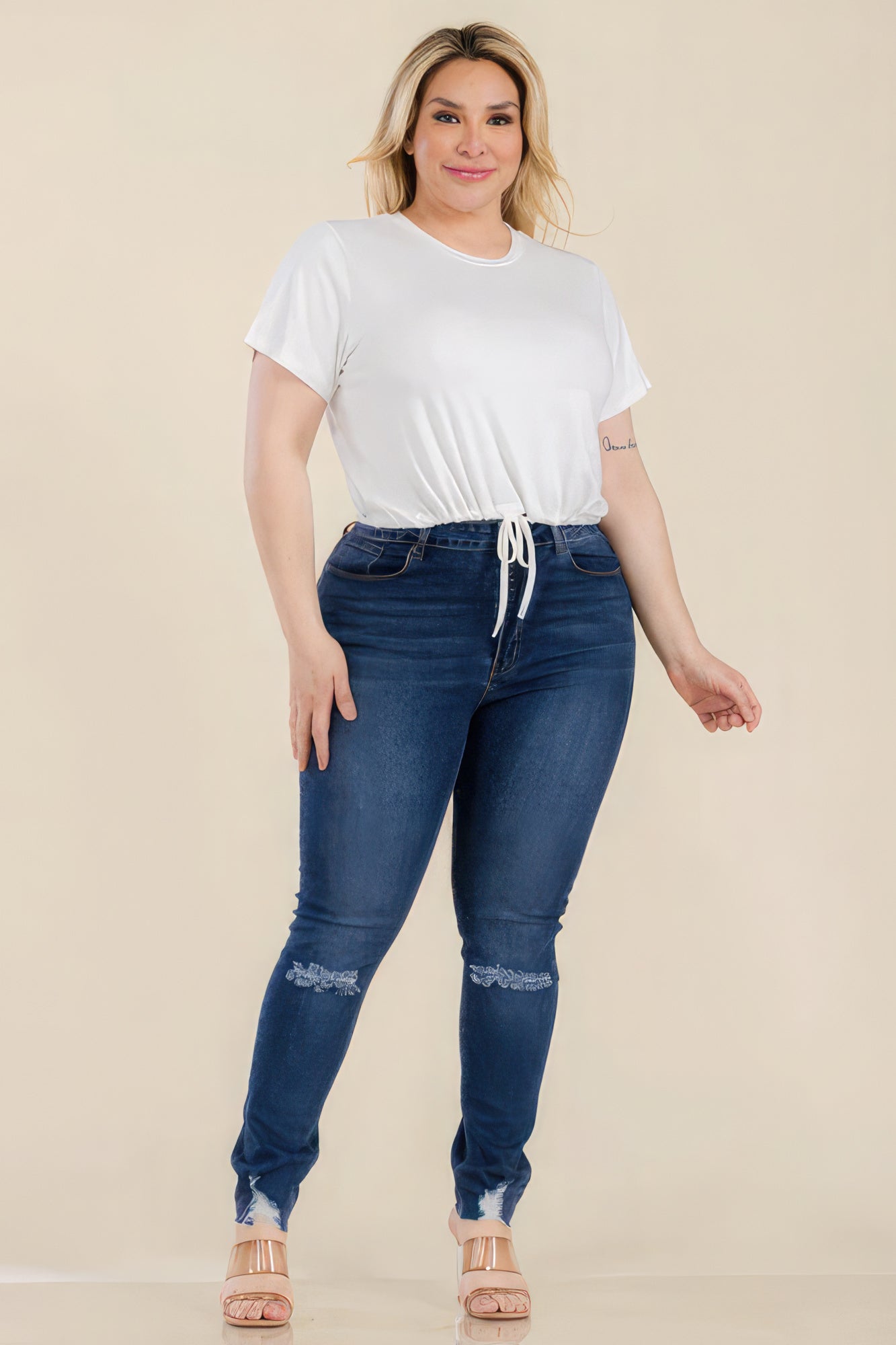 Plus Size Tie Front Drawstring Short Sleeve Crop Top-Teresa&#39;s Fashionista LLC