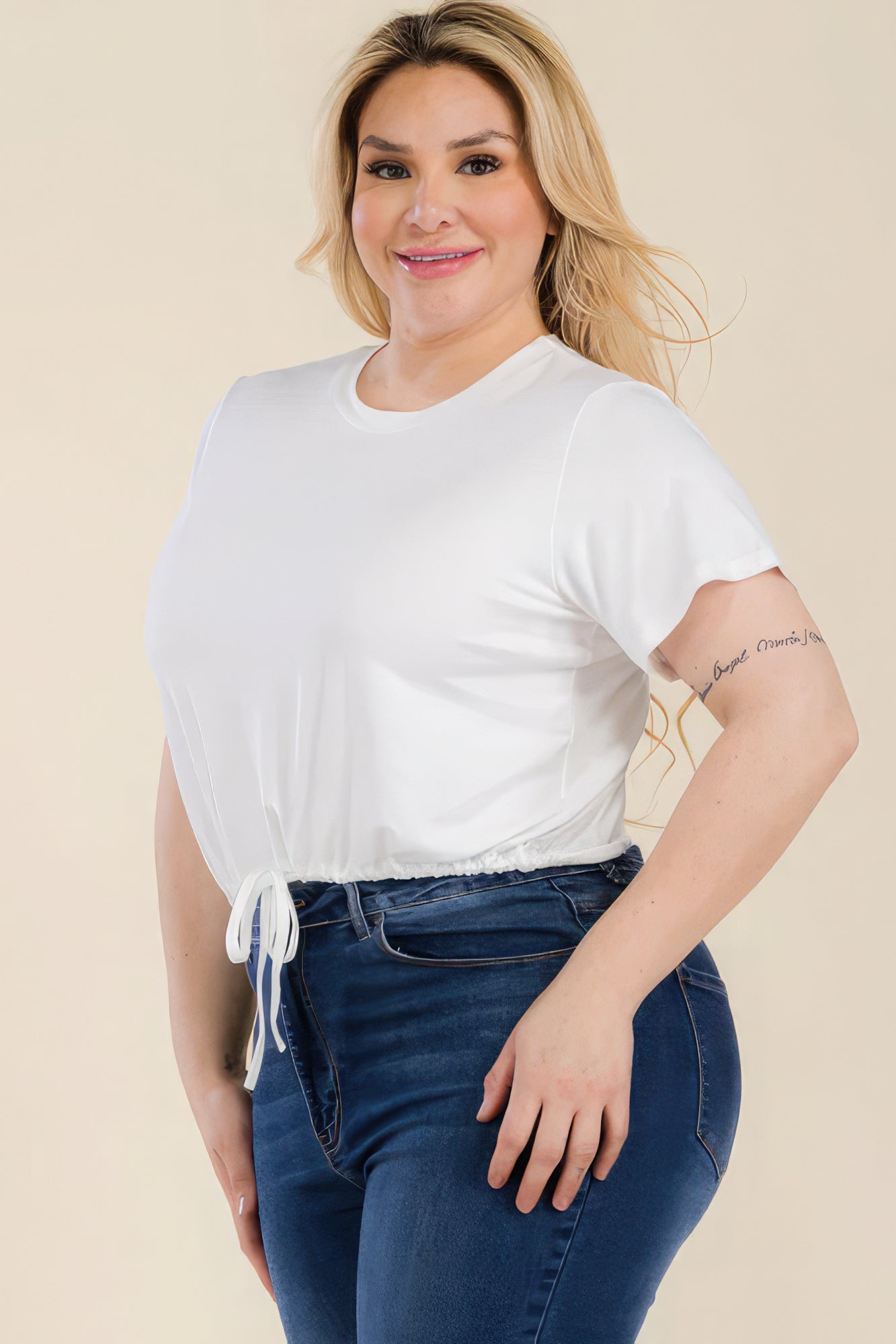 Plus Size Tie Front Drawstring Short Sleeve Crop Top-Teresa&#39;s Fashionista LLC