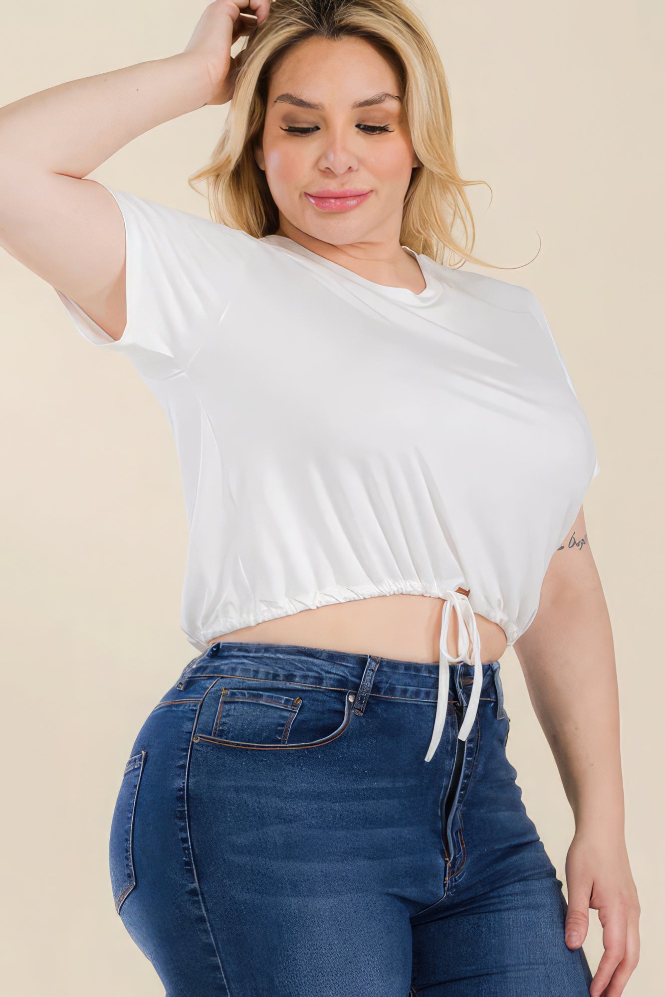 Plus Size Tie Front Drawstring Short Sleeve Crop Top-Teresa&#39;s Fashionista LLC