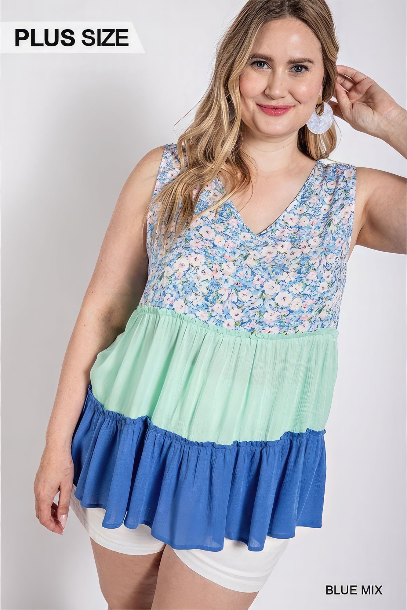 Floral Color Block Ruffle Detail Tiered V-neck Top-Teresa&#39;s Fashionista LLC