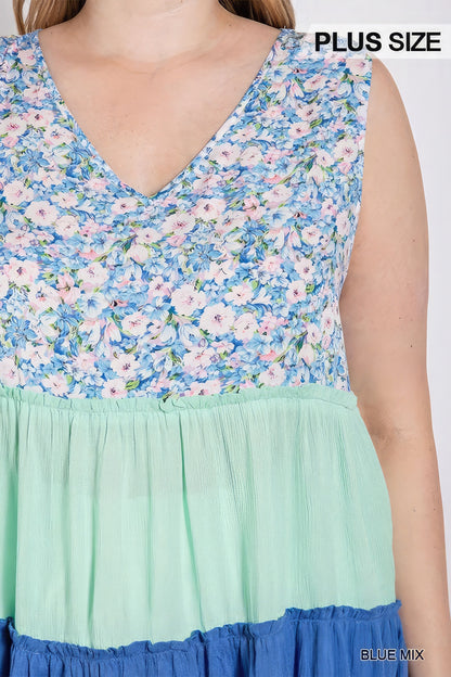 Floral Color Block Ruffle Detail Tiered V-neck Top-Teresa&#39;s Fashionista LLC