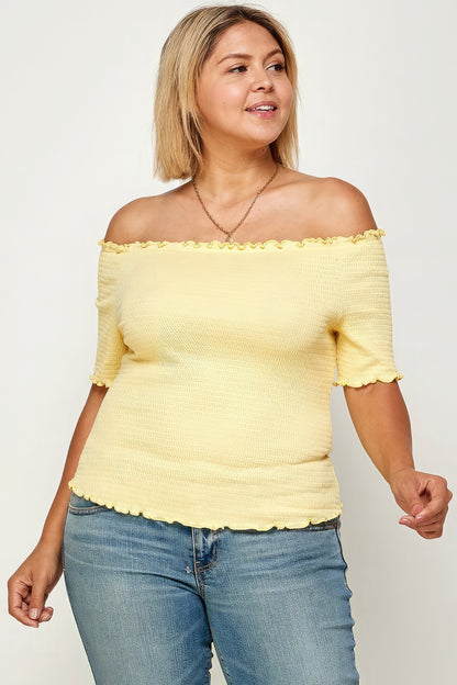 Plus Size Solid Off The Shoulder Smocked Top-Teresa&#39;s Fashionista LLC