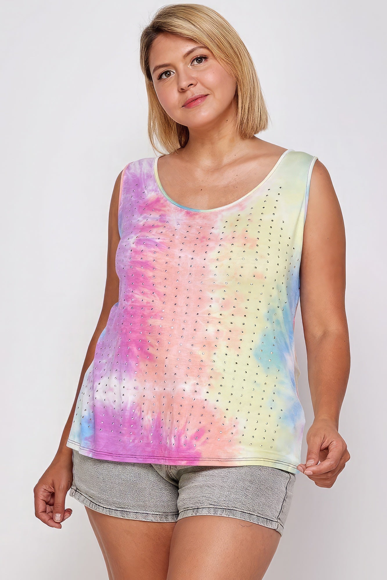 Tie Dye Tank With Studded Detail, Loose Fit, Easy Casual Wear-Teresa&#39;s Fashionista LLC