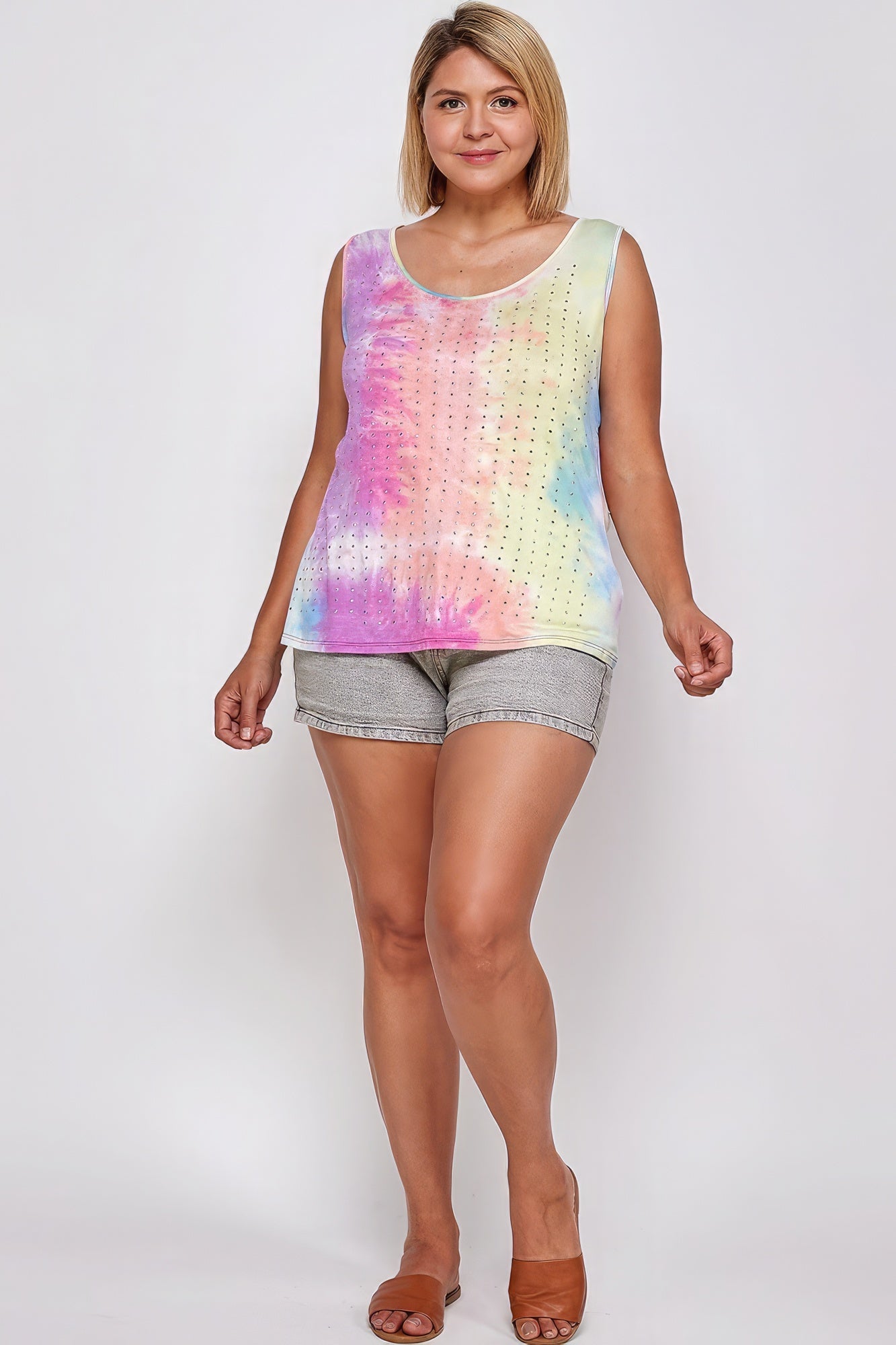 Tie Dye Tank With Studded Detail, Loose Fit, Easy Casual Wear-Teresa&#39;s Fashionista LLC