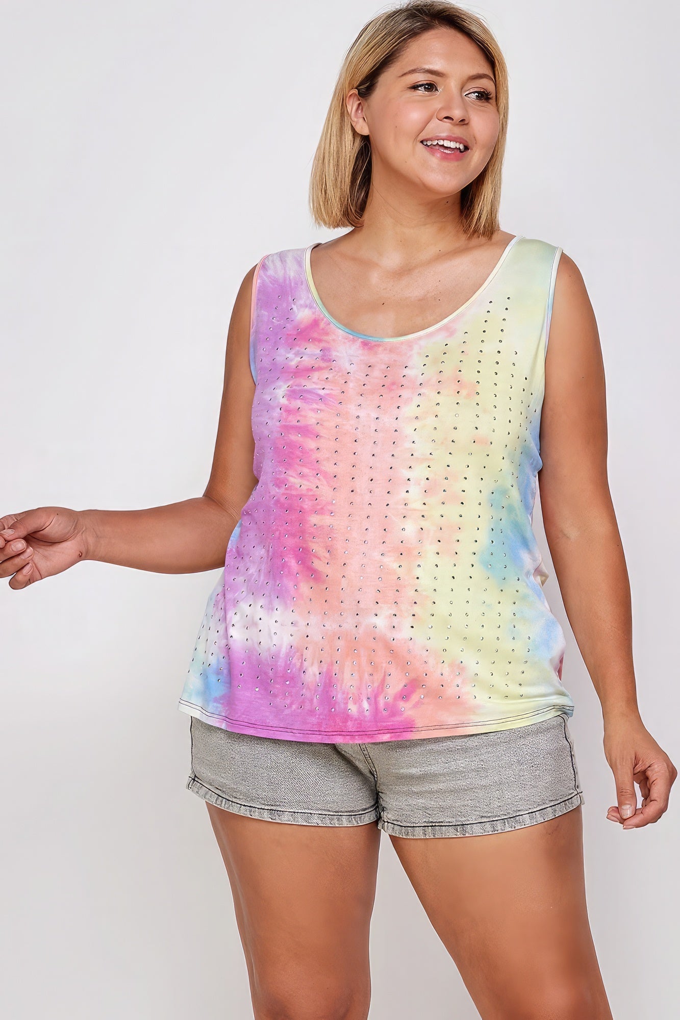 Tie Dye Tank With Studded Detail, Loose Fit, Easy Casual Wear-Teresa&#39;s Fashionista LLC