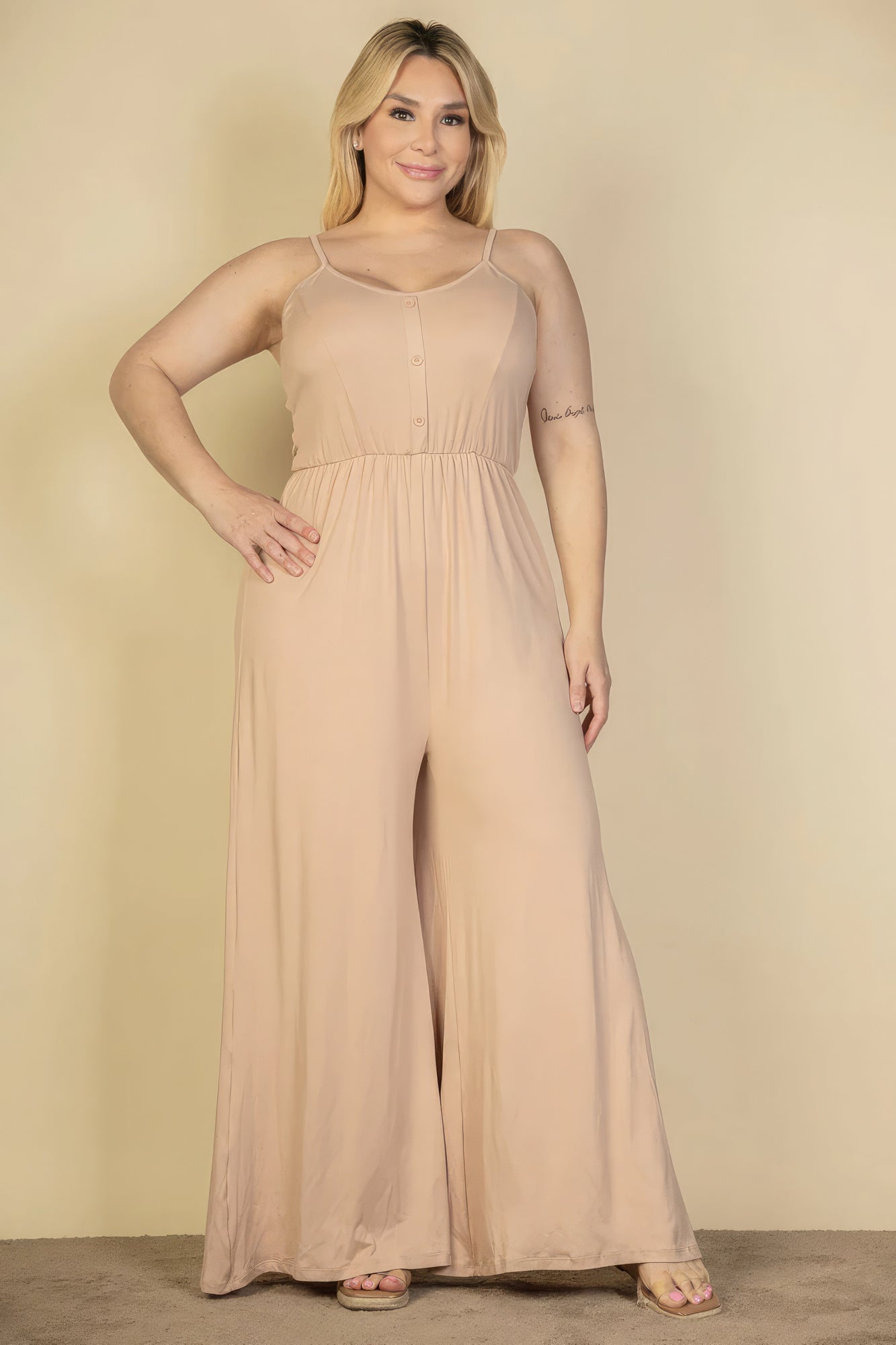 Plus Size Button Front Wide Leg Jumpsuit-Teresa&#39;s Fashionista LLC