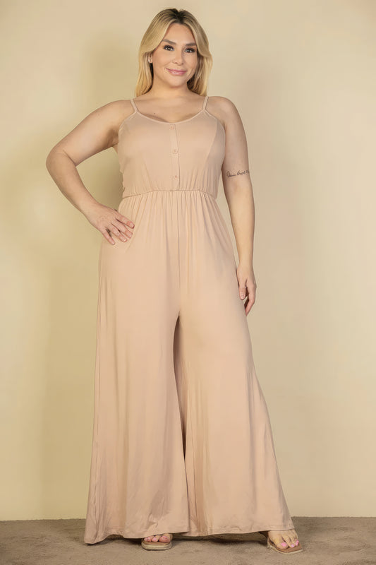 Plus Size Button Front Wide Leg Jumpsuit-Teresa&#39;s Fashionista LLC