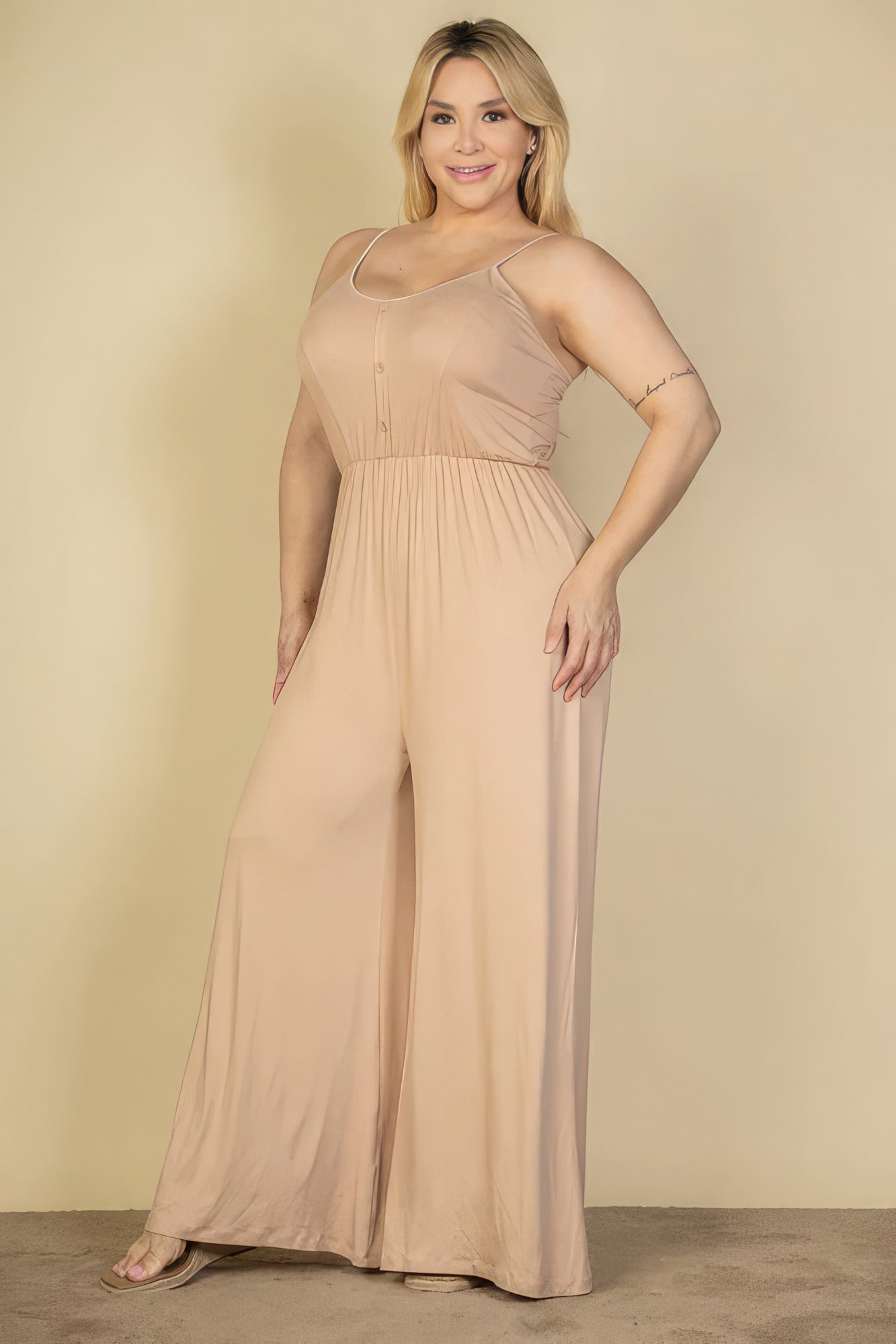 Plus Size Button Front Wide Leg Jumpsuit-Teresa&#39;s Fashionista LLC