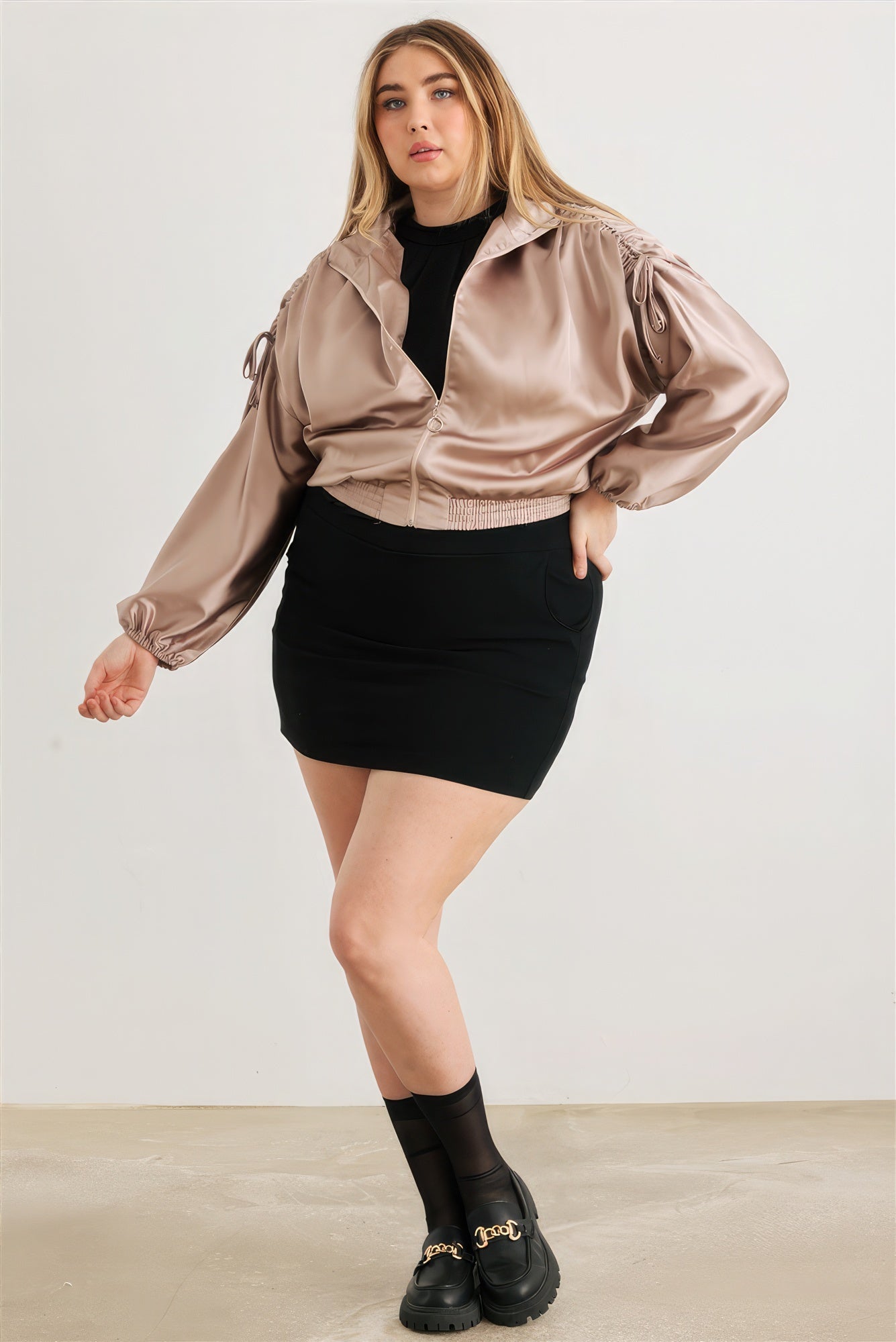 Plus Satin Zip-up Ruched Long Sleeve Cropped Bomber Jacket-Teresa&#39;s Fashionista LLC