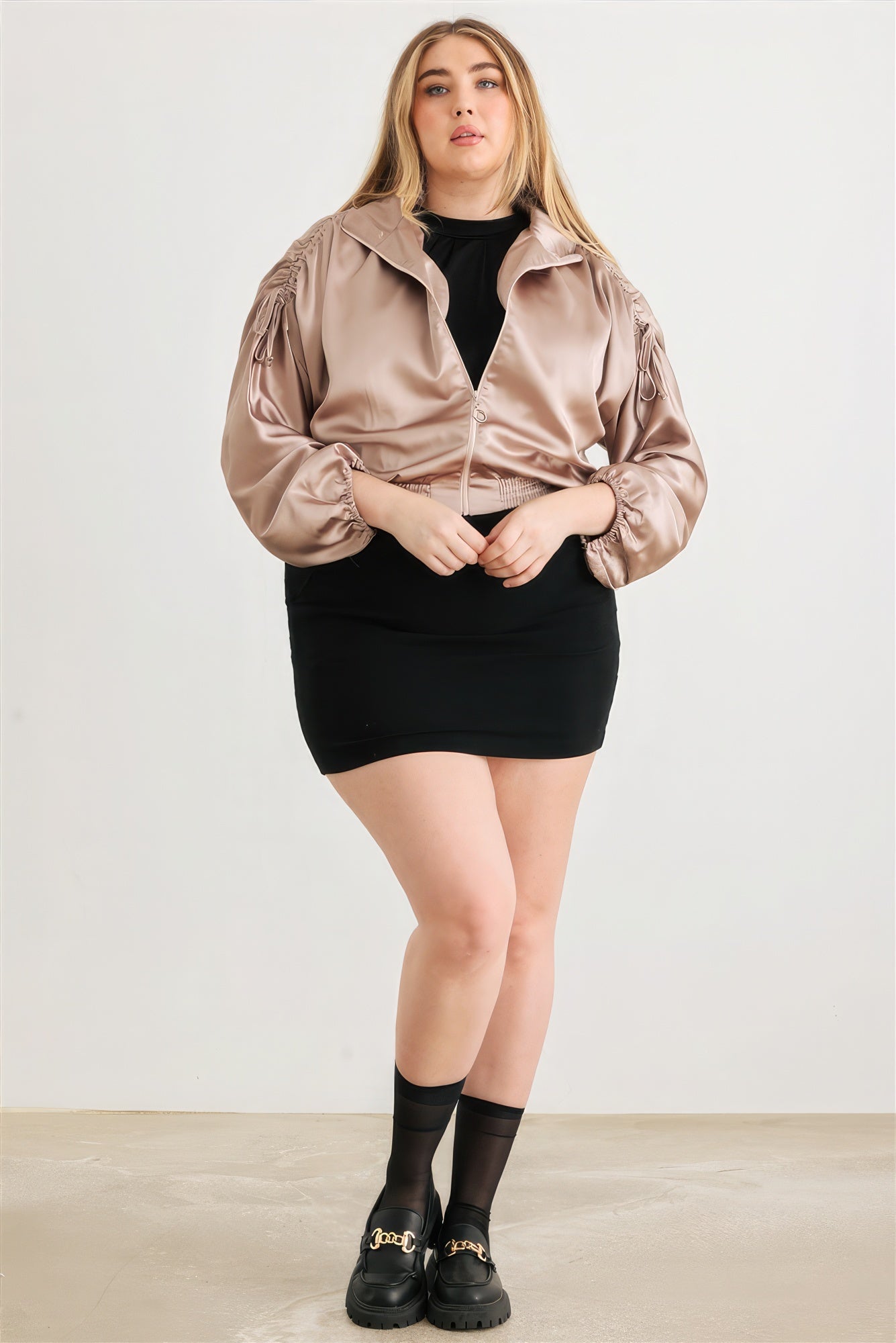 Plus Satin Zip-up Ruched Long Sleeve Cropped Bomber Jacket-Teresa&#39;s Fashionista LLC