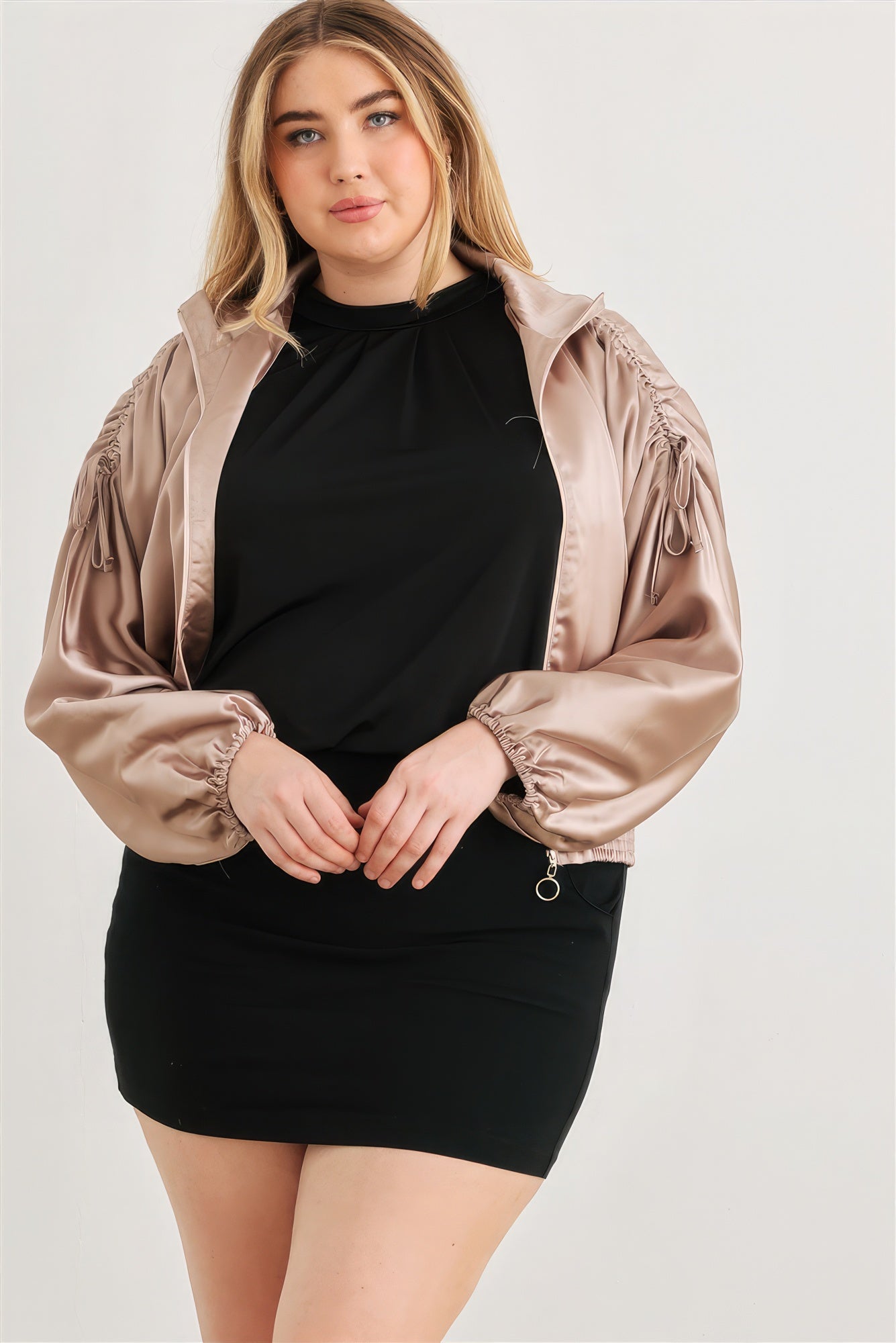 Plus Satin Zip-up Ruched Long Sleeve Cropped Bomber Jacket-Teresa&#39;s Fashionista LLC