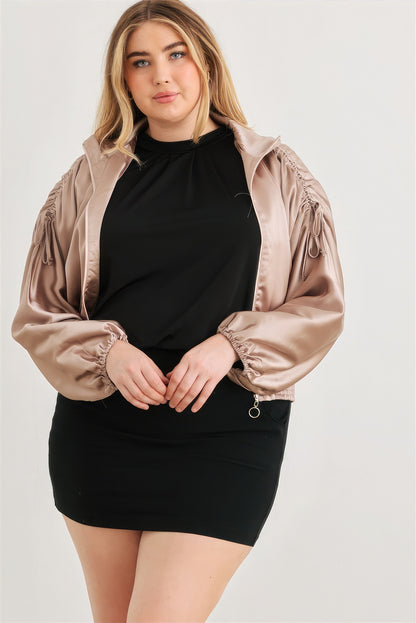 Plus Satin Zip-up Ruched Long Sleeve Cropped Bomber Jacket-Teresa&#39;s Fashionista LLC