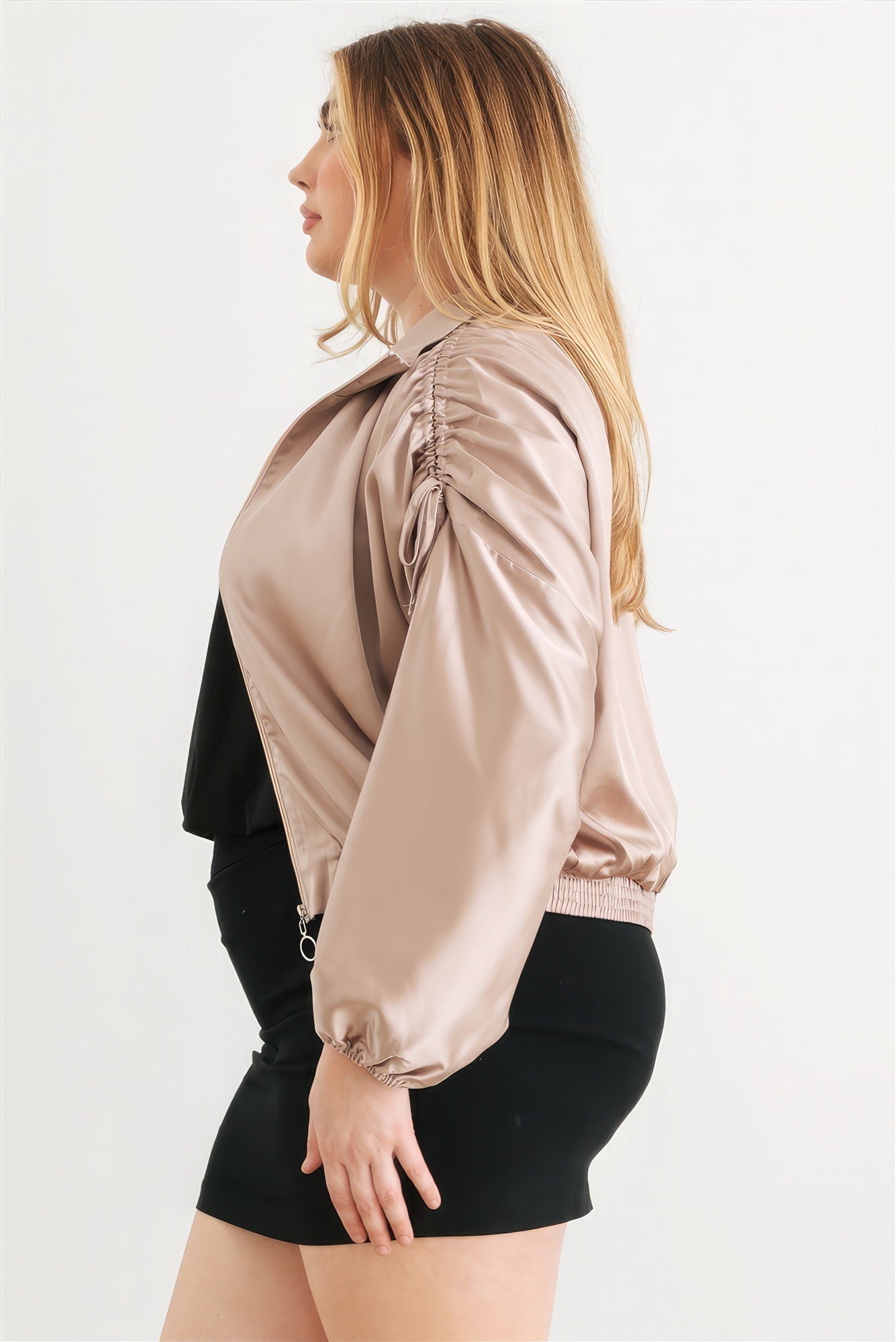 Plus Satin Zip-up Ruched Long Sleeve Cropped Bomber Jacket-Teresa&#39;s Fashionista LLC