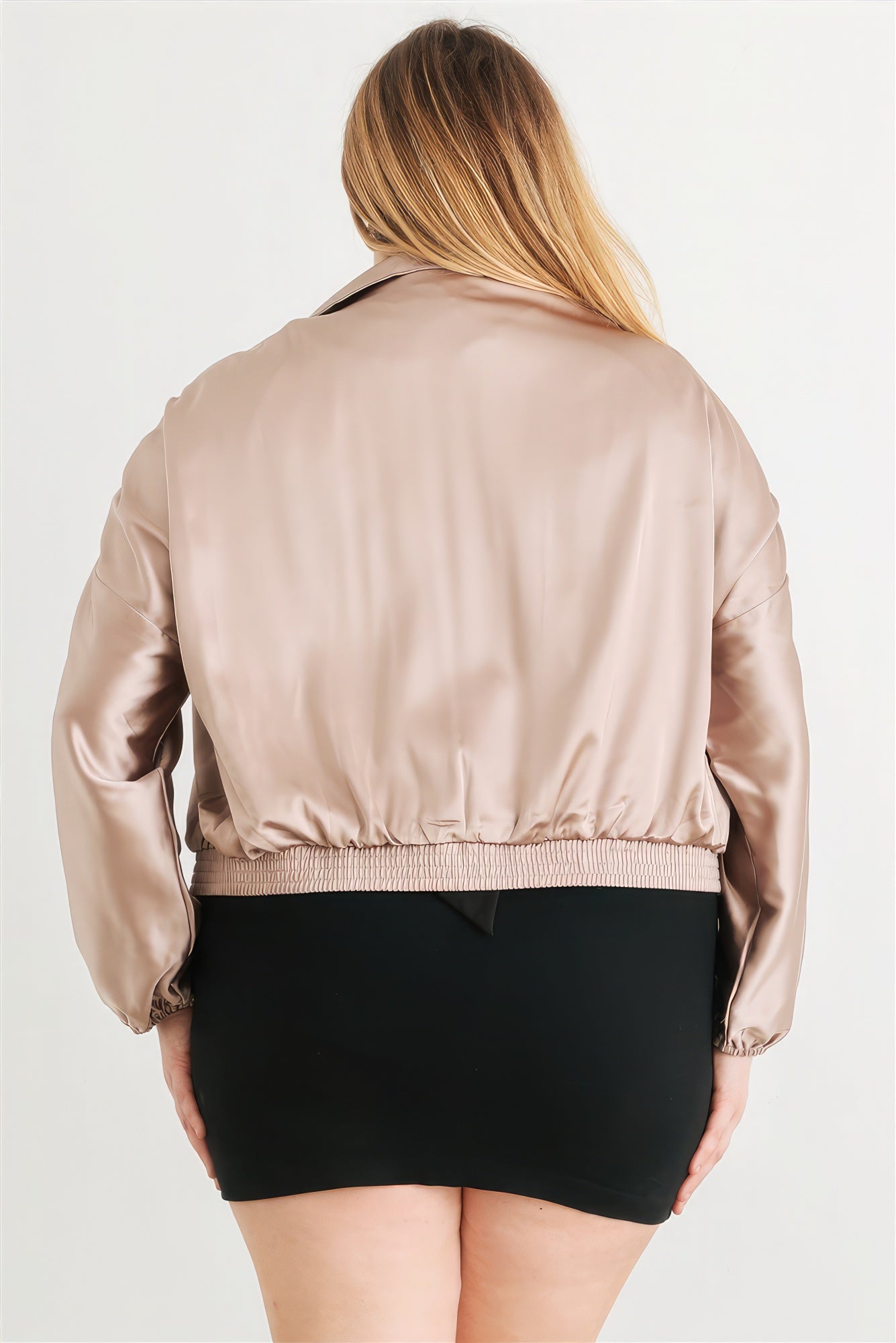 Plus Satin Zip-up Ruched Long Sleeve Cropped Bomber Jacket-Teresa&#39;s Fashionista LLC