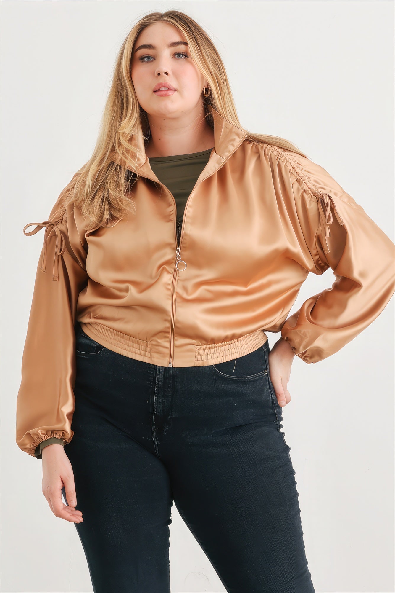 Plus Satin Zip-up Ruched Long Sleeve Cropped Bomber Jacket-Teresa&#39;s Fashionista LLC