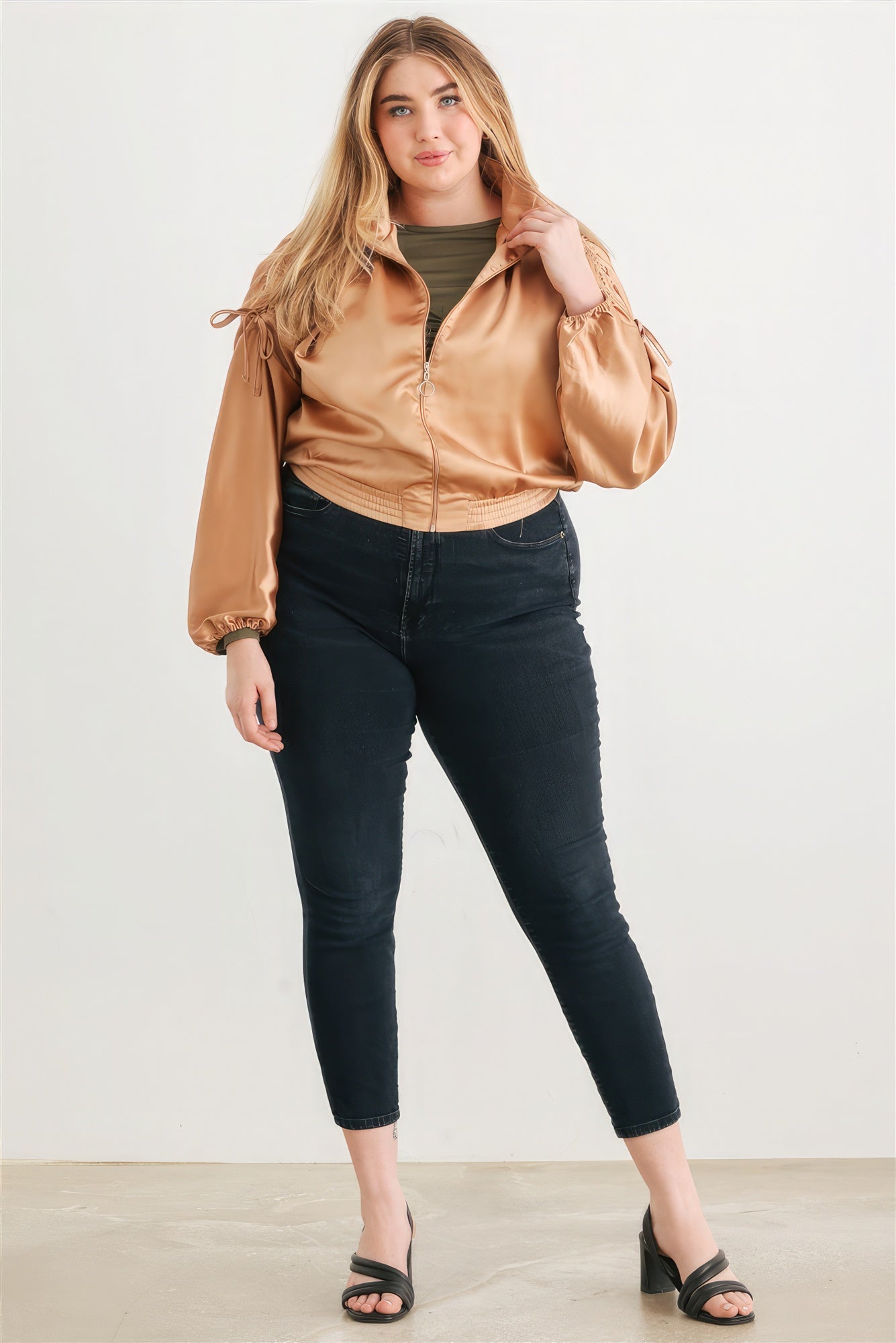 Plus Satin Zip-up Ruched Long Sleeve Cropped Bomber Jacket-Teresa&#39;s Fashionista LLC