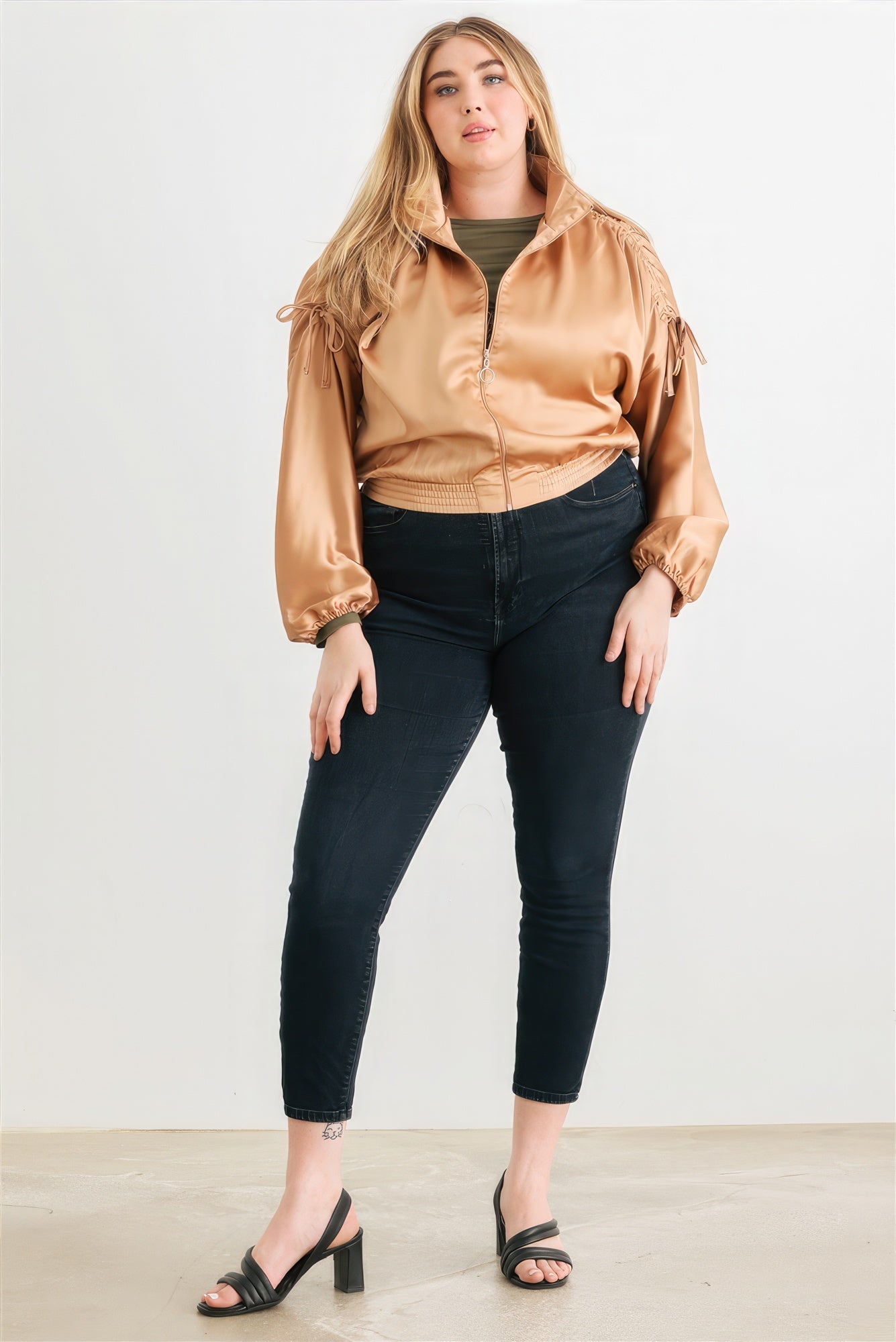 Plus Satin Zip-up Ruched Long Sleeve Cropped Bomber Jacket-Teresa&#39;s Fashionista LLC