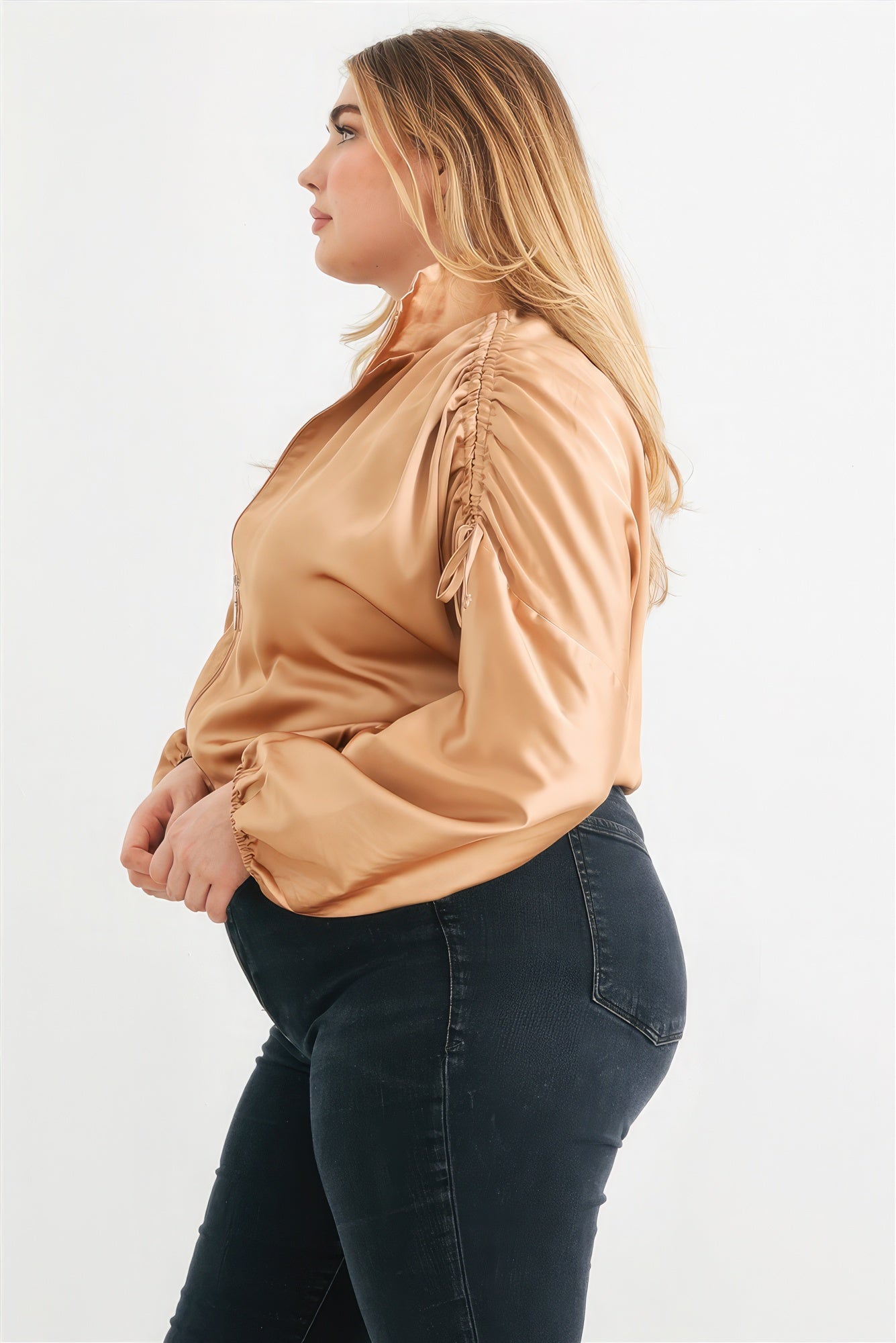 Plus Satin Zip-up Ruched Long Sleeve Cropped Bomber Jacket-Teresa&#39;s Fashionista LLC