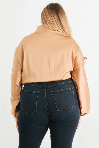 Plus Satin Zip-up Ruched Long Sleeve Cropped Bomber Jacket-Teresa&#39;s Fashionista LLC