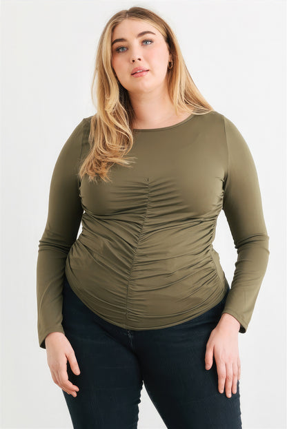 Plus Olive Ruched Long Sleeve Top-Teresa&#39;s Fashionista LLC