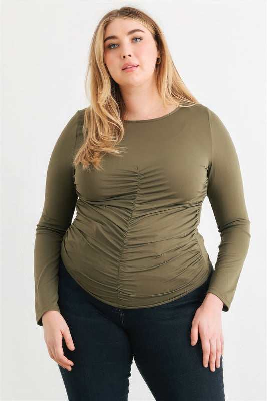 Plus Olive Ruched Long Sleeve Top-Teresa&#39;s Fashionista LLC