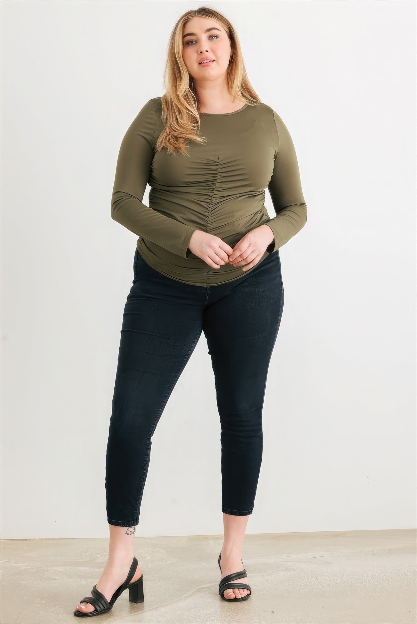 Plus Olive Ruched Long Sleeve Top-Teresa&#39;s Fashionista LLC