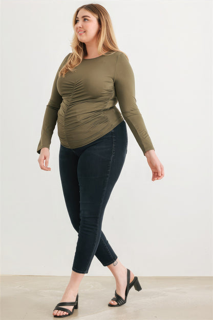 Plus Olive Ruched Long Sleeve Top-Teresa&#39;s Fashionista LLC