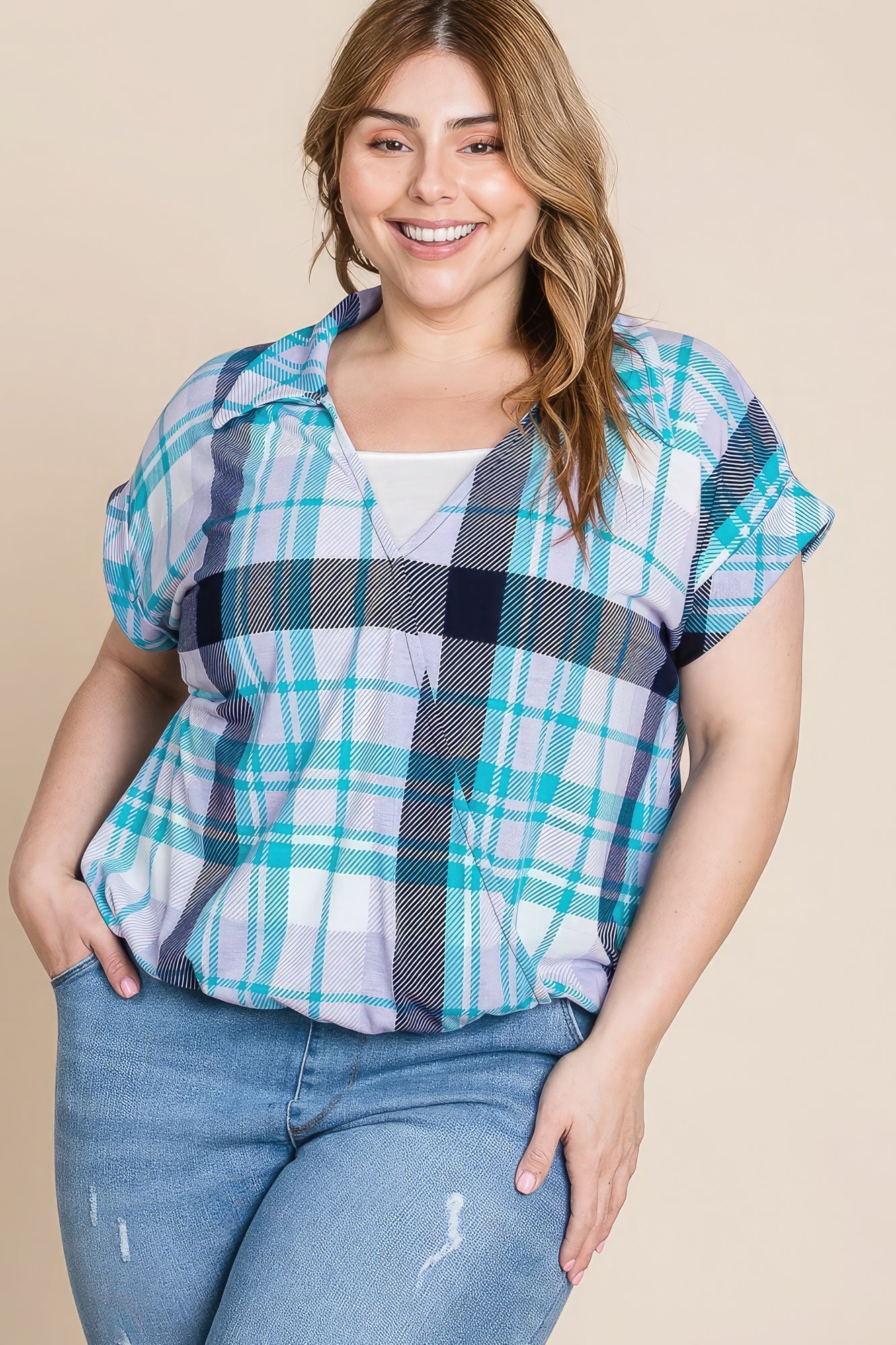 Plus Size Multi Colored Check Printed Casual Collared Short Sleeve Top-Teresa&#39;s Fashionista LLC