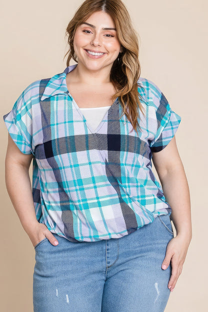 Plus Size Multi Colored Check Printed Casual Collared Short Sleeve Top-Teresa&#39;s Fashionista LLC