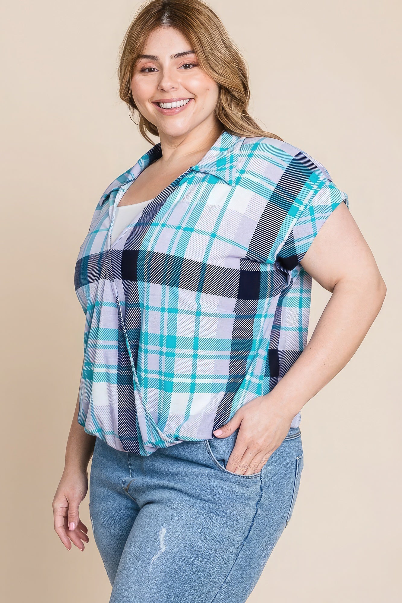 Plus Size Multi Colored Check Printed Casual Collared Short Sleeve Top-Teresa&#39;s Fashionista LLC