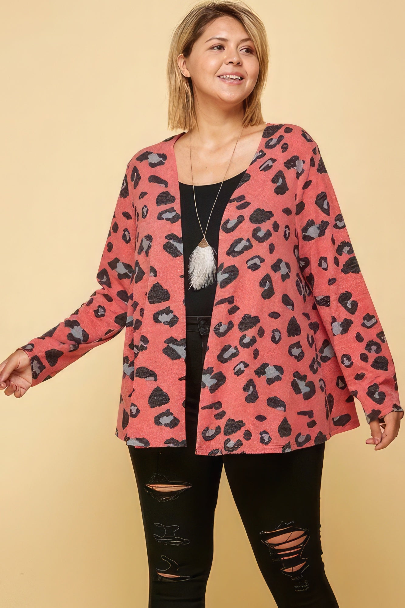 Plus Size Animal Printed Open Front Cropped Cardigan-Teresa&#39;s Fashionista LLC