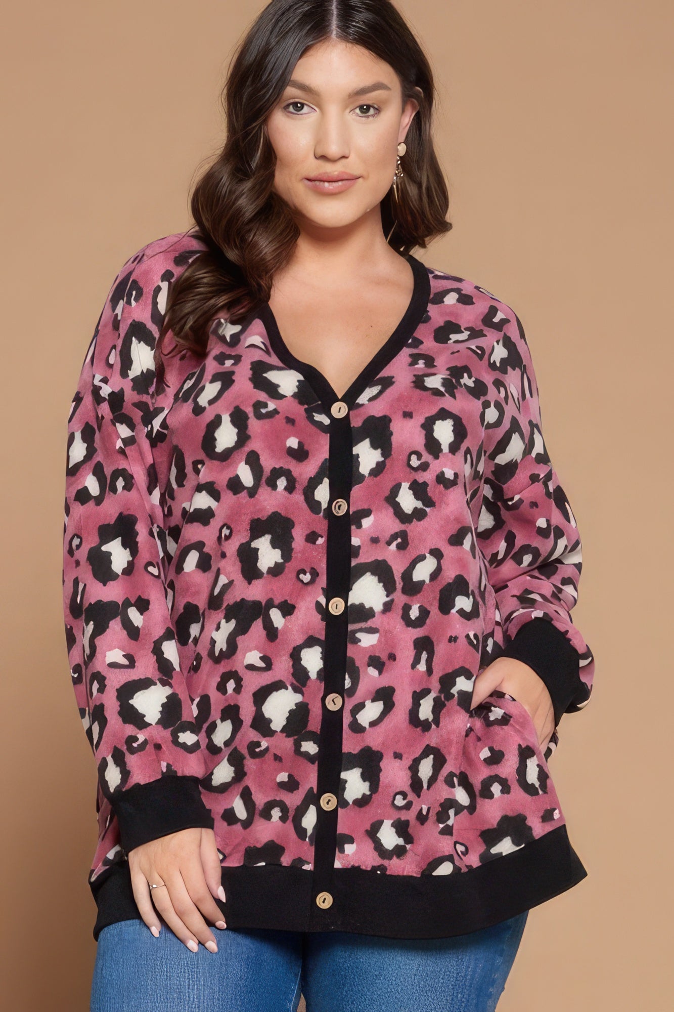 Plus Size Cozy Animal Mir Print With Brush Button Up Cardigan-Teresa&#39;s Fashionista LLC