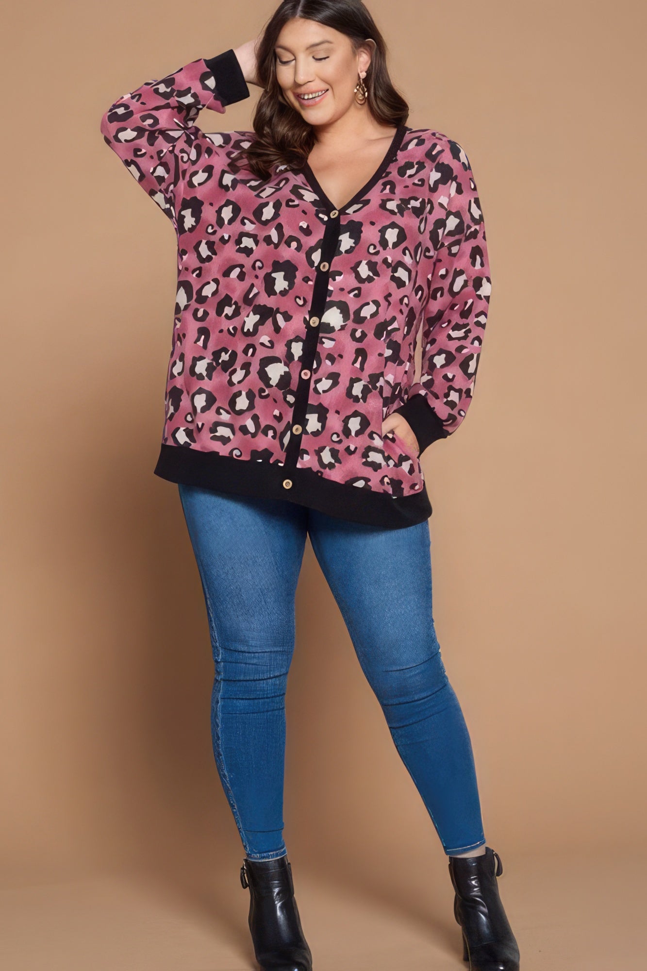 Plus Size Cozy Animal Mir Print With Brush Button Up Cardigan-Teresa&#39;s Fashionista LLC