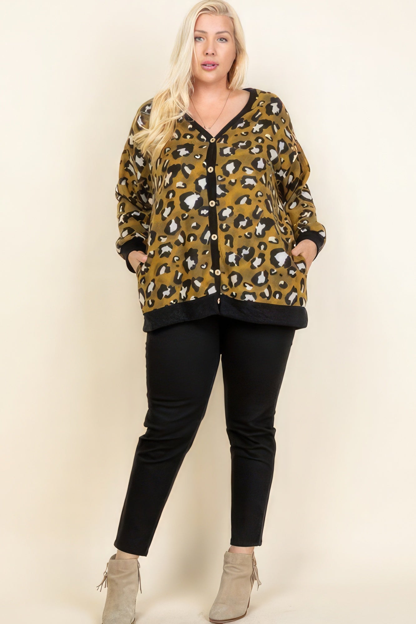 Plus Size Cozy Animal Mir Print With Brush Button Up Cardigan-Teresa&#39;s Fashionista LLC