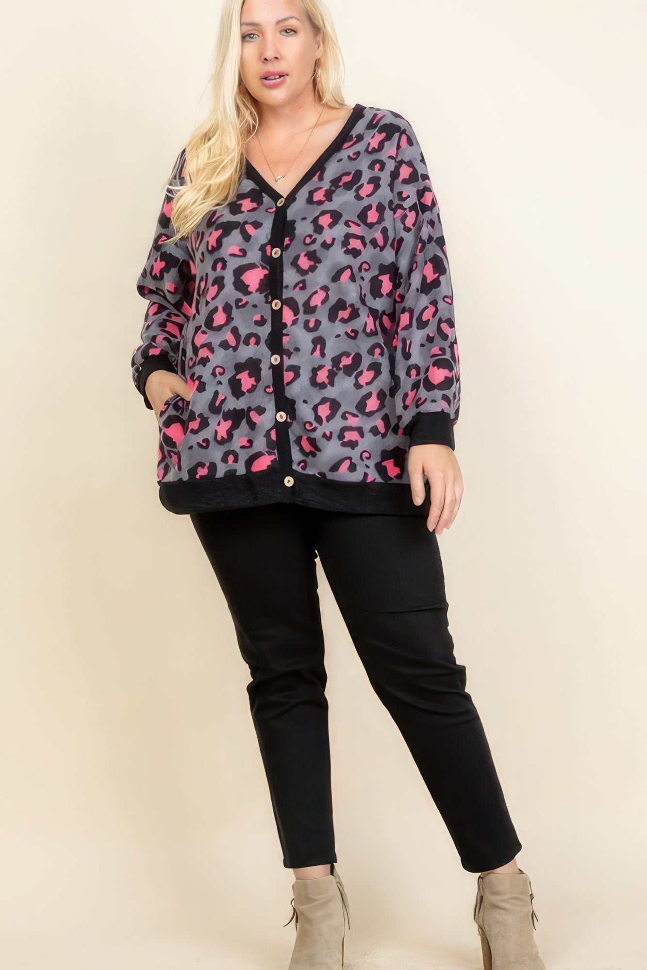 Plus Size Cozy Animal Mir Print With Brush Button Up Cardigan-Teresa&#39;s Fashionista LLC