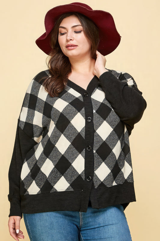 Plus Size Buffalo Plaid Knit Button Up Oversize Cardigan-Teresa&#39;s Fashionista LLC