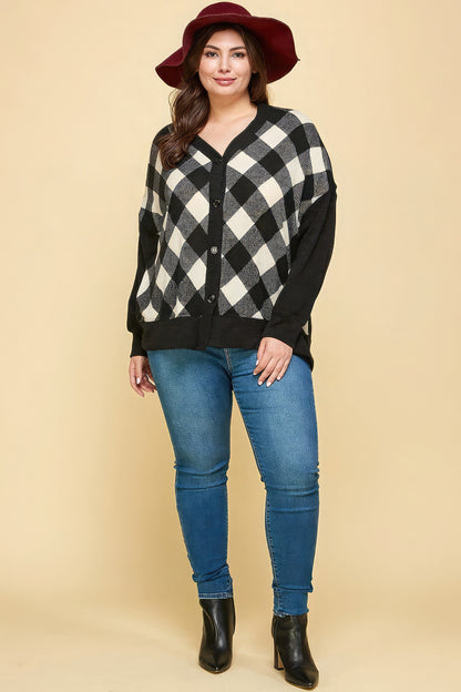 Plus Size Buffalo Plaid Knit Button Up Oversize Cardigan-Teresa&#39;s Fashionista LLC