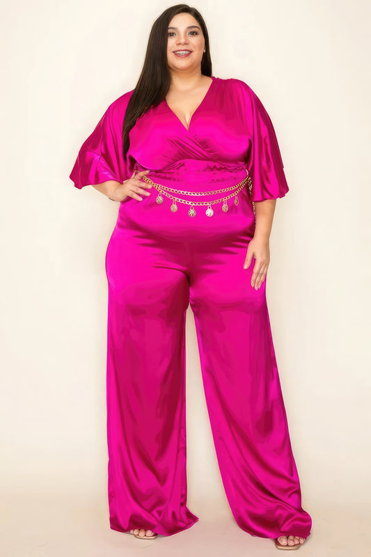 Satin Wrap Front Short Sleeve Smocked Waist Jumpsuit-Teresa&#39;s Fashionista LLC