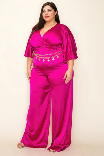 Satin Wrap Front Short Sleeve Smocked Waist Jumpsuit-Teresa&#39;s Fashionista LLC