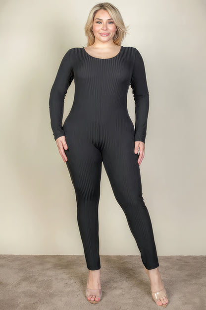 Plus Size Ribbed Scoop Neck Long Sleeve Jumpsuit-Teresa&#39;s Fashionista LLC