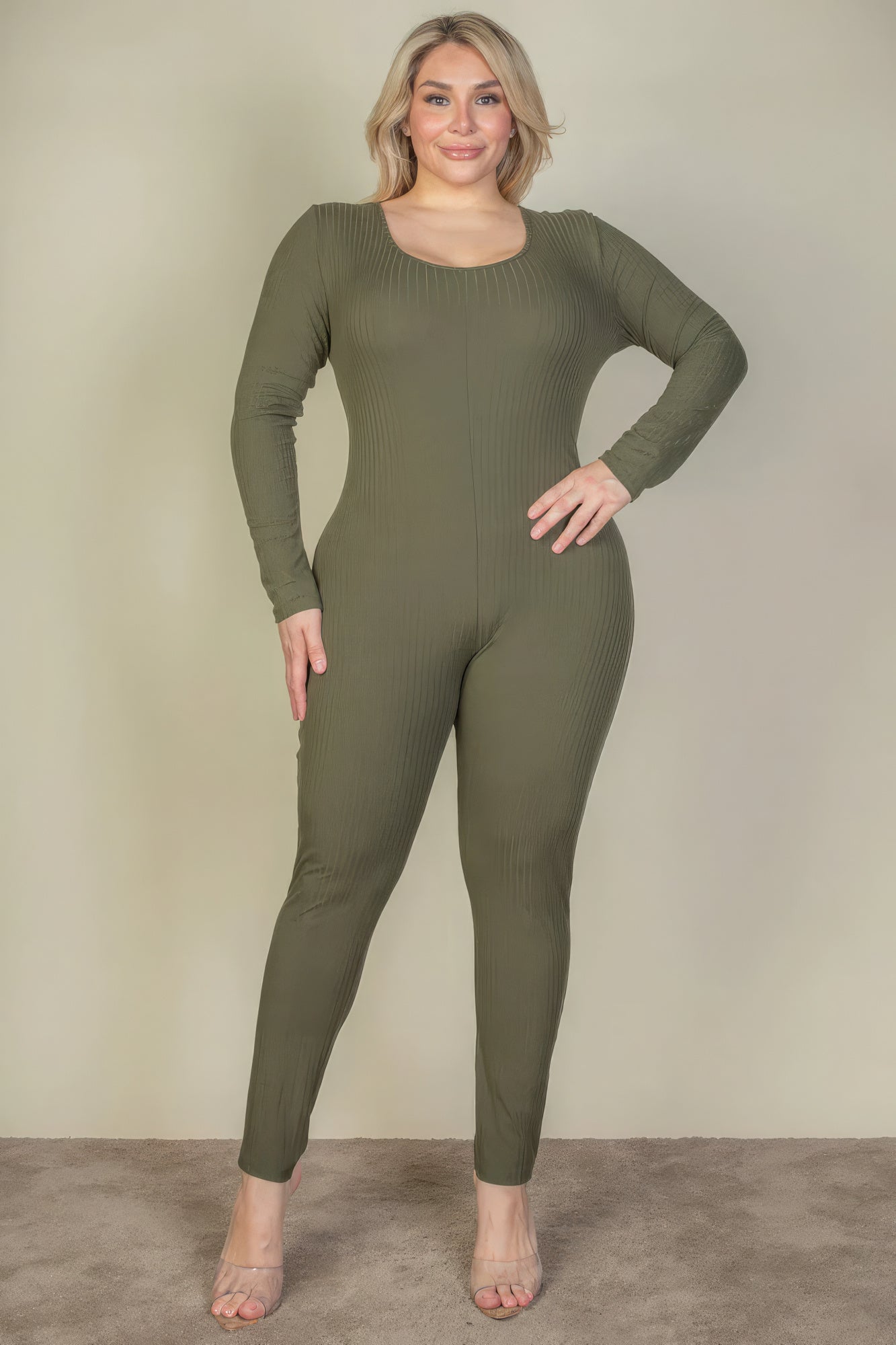 Plus Size Ribbed Scoop Neck Long Sleeve Jumpsuit-Teresa&#39;s Fashionista LLC