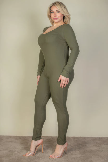 Plus Size Ribbed Scoop Neck Long Sleeve Jumpsuit-Teresa&#39;s Fashionista LLC