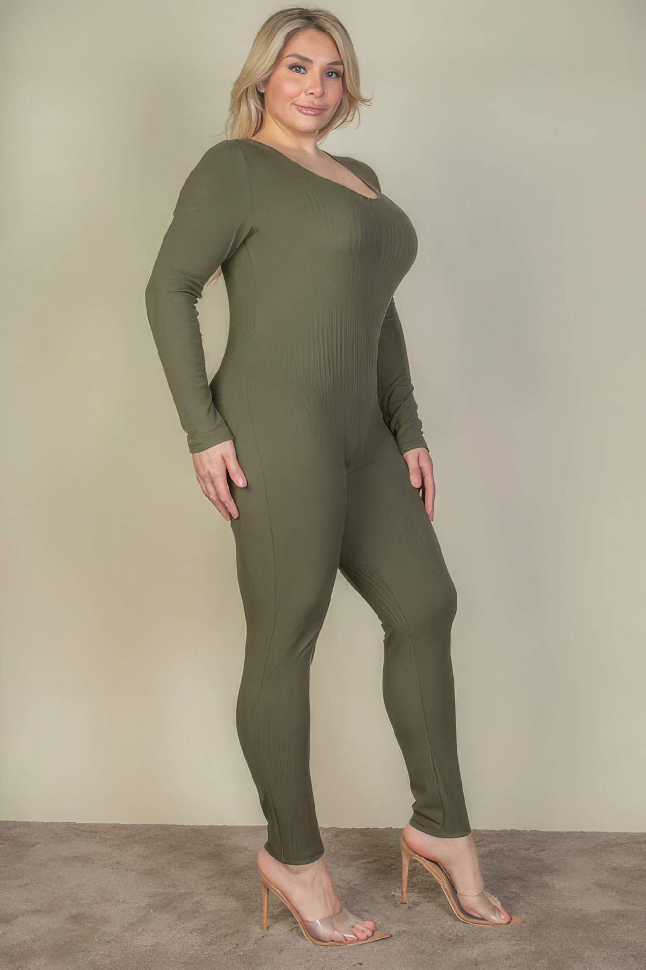 Plus Size Ribbed Scoop Neck Long Sleeve Jumpsuit-Teresa&#39;s Fashionista LLC