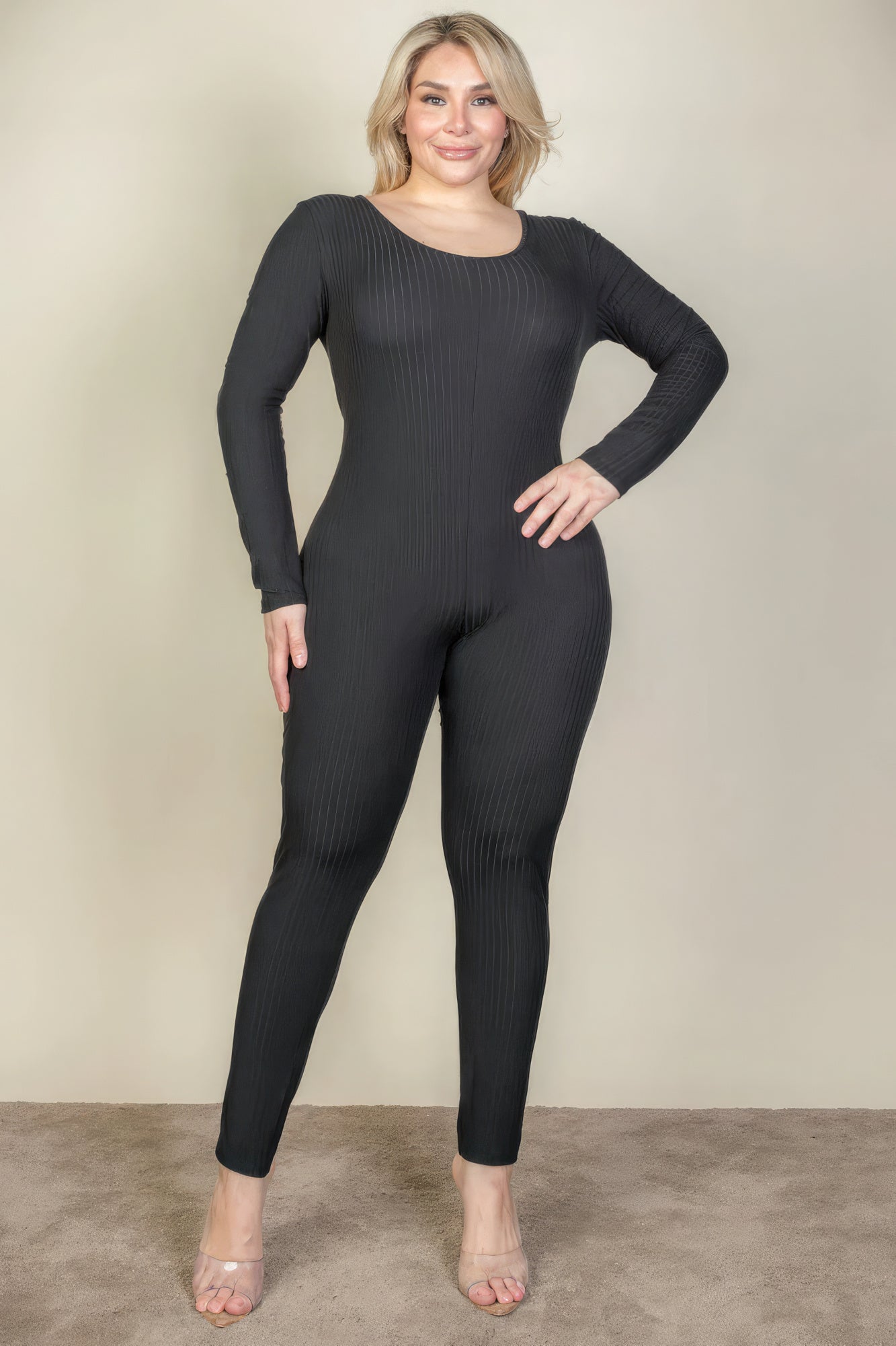 Plus Size Ribbed Scoop Neck Long Sleeve Jumpsuit-Teresa&#39;s Fashionista LLC