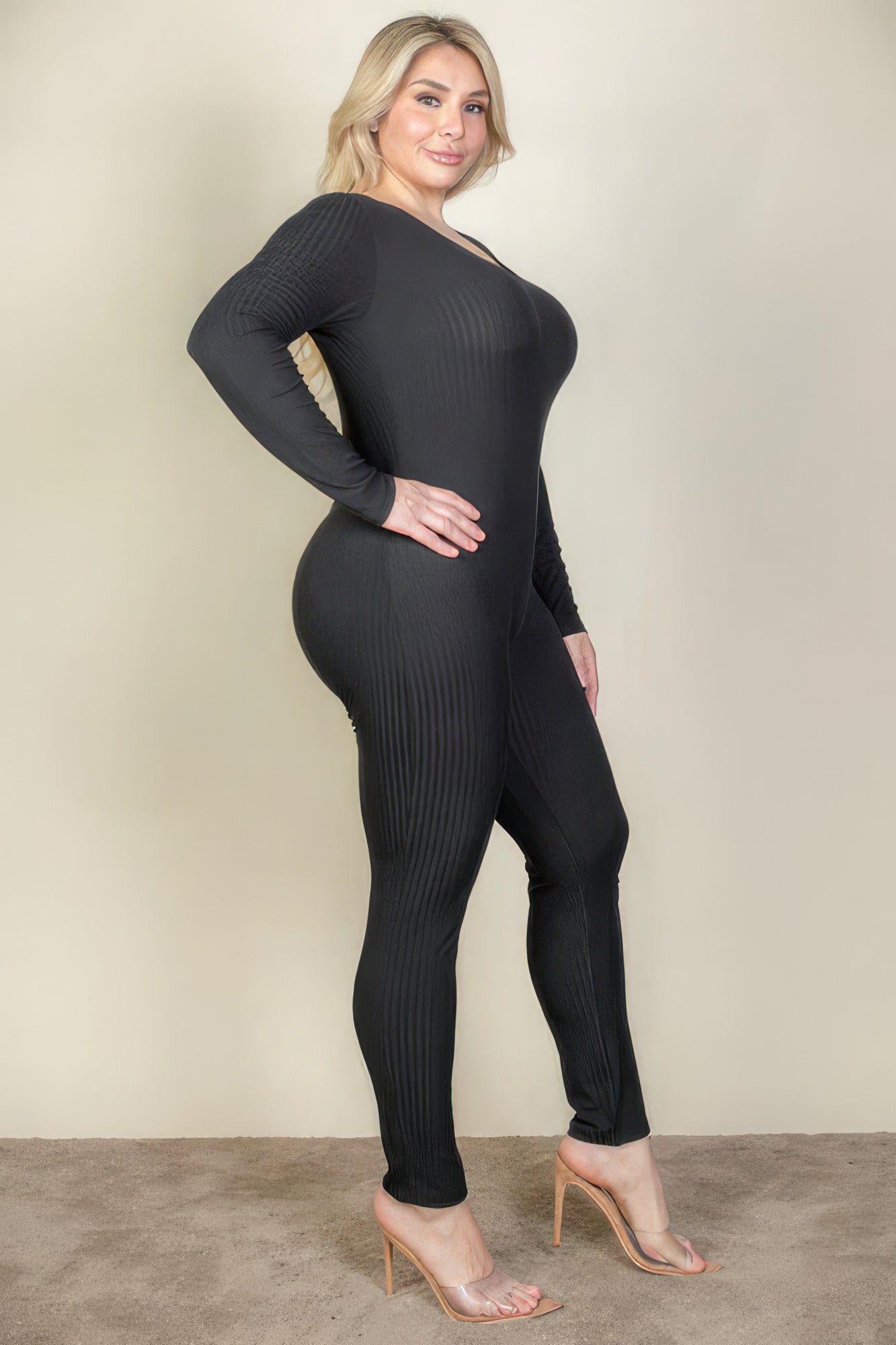 Plus Size Ribbed Scoop Neck Long Sleeve Jumpsuit-Teresa&#39;s Fashionista LLC