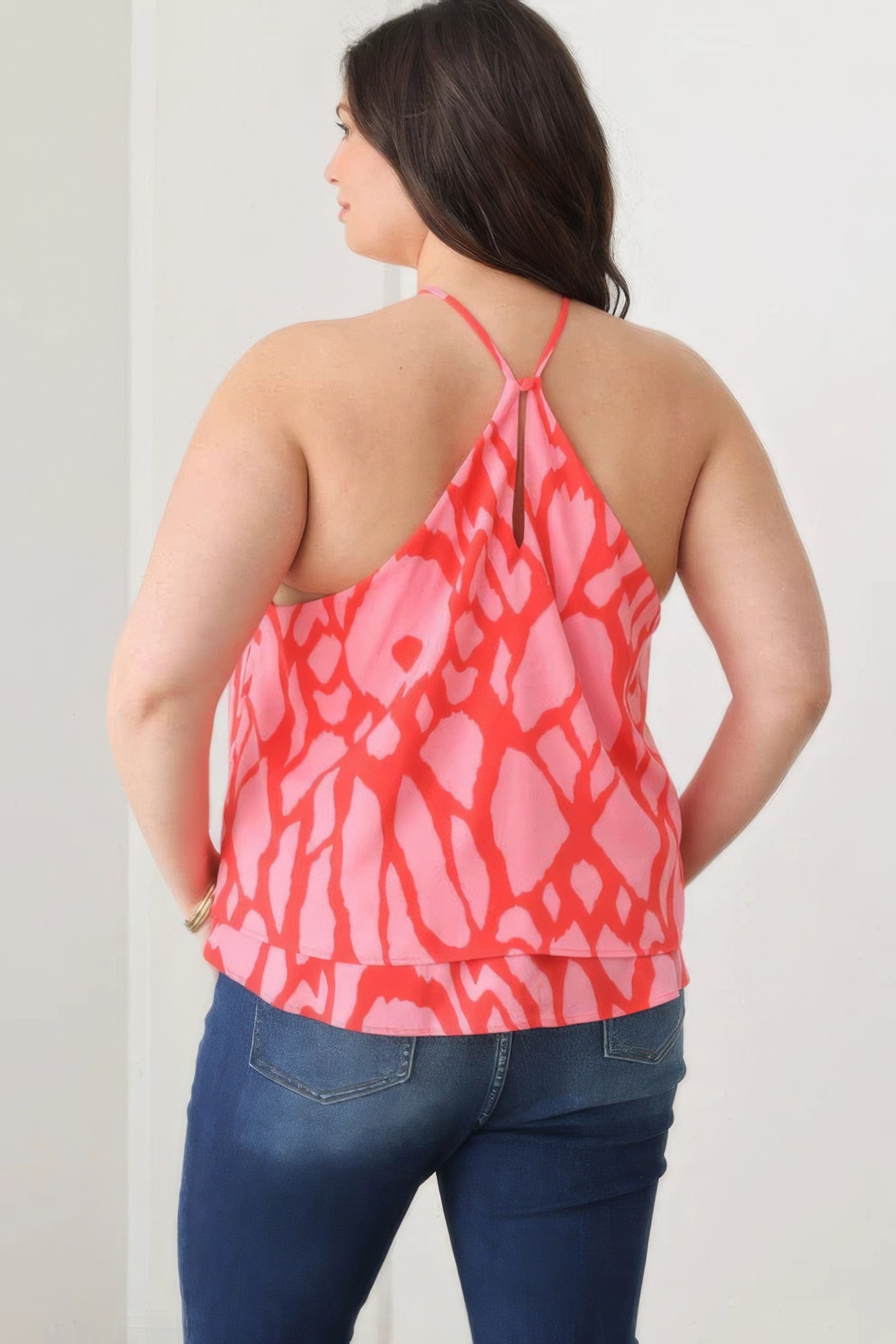 Plus Size Abstract Print Halter Ruffle Hem Top-Teresa&#39;s Fashionista LLC