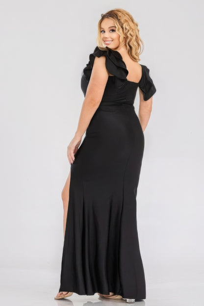 Plus Satin Strech Ruffle Paty Maxi Dress-Teresa&#39;s Fashionista LLC