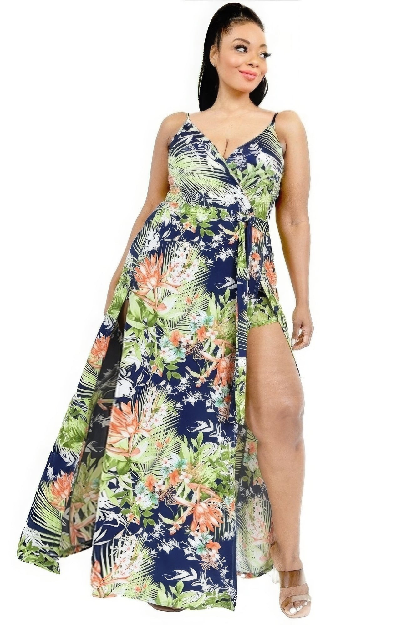 Plus Tropical Leaf Print Surplice Maxi Dress-Teresa&#39;s Fashionista LLC