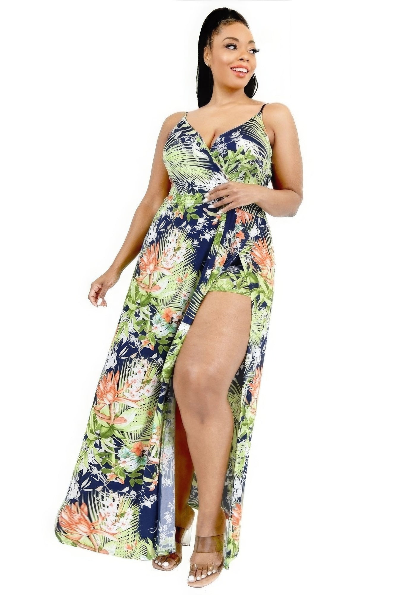 Plus Tropical Leaf Print Surplice Maxi Dress-Teresa&#39;s Fashionista LLC