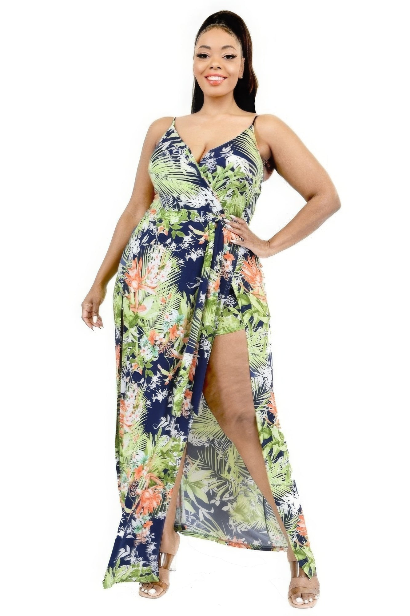 Plus Tropical Leaf Print Surplice Maxi Dress-Teresa&#39;s Fashionista LLC